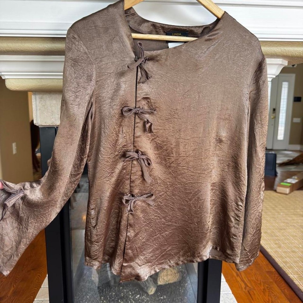 Vintage Linda Lundstrom Bronze Satin Crinkle Asymmetric Blouse Artisan Hippie